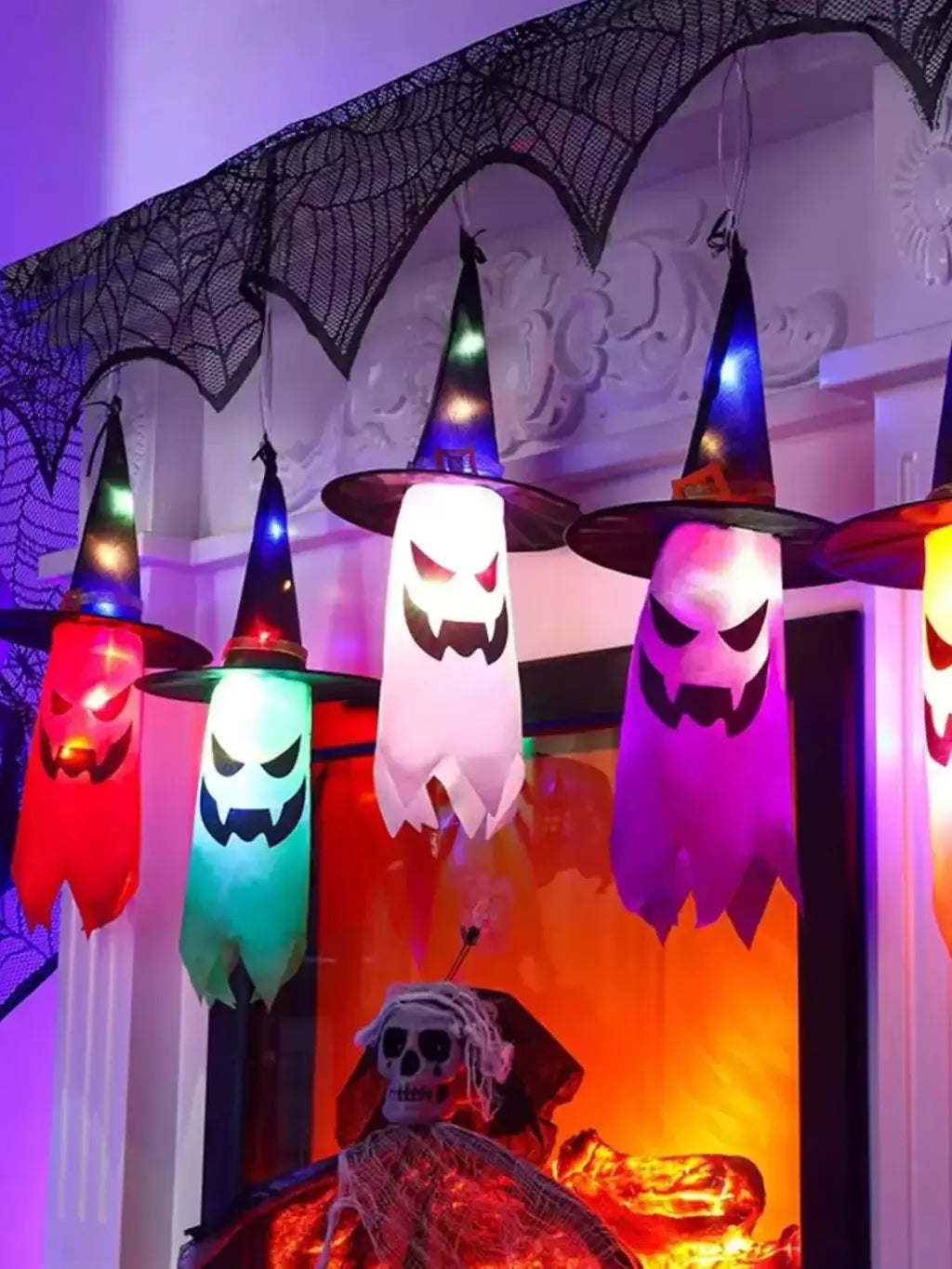 Decorações de Halloween ao ar livre 5 PCS pendurado Halloween iluminado brilhante chapéu de bruxa fantasma com luzes de corda LED para festa jardim