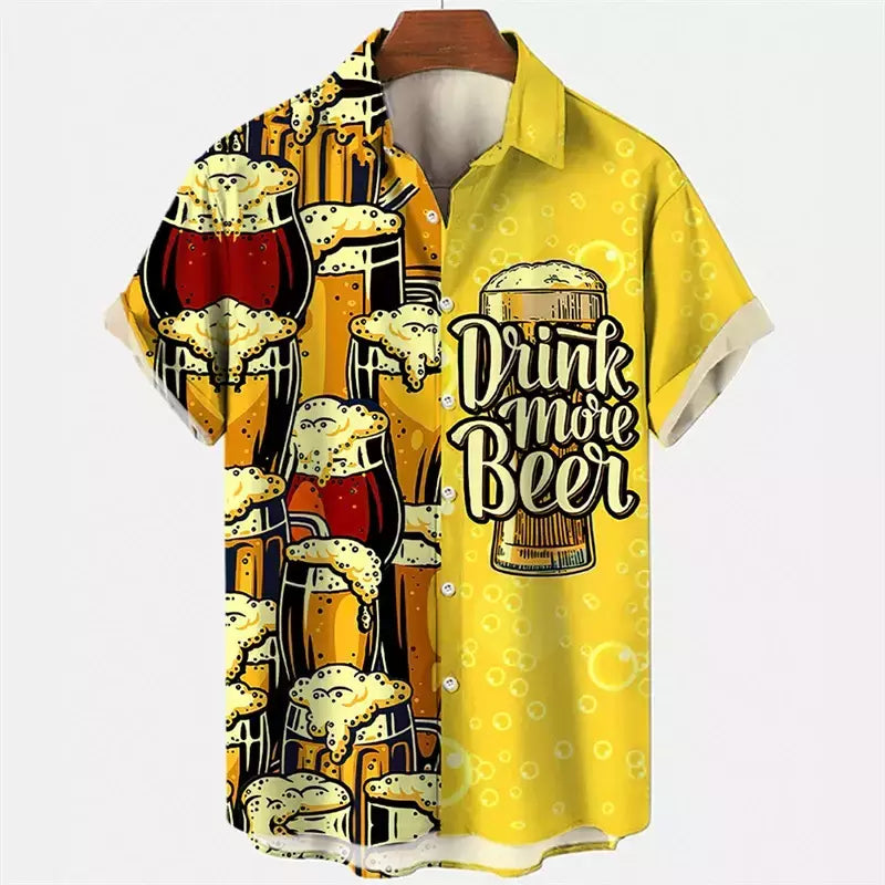 Camisa Retro de Cerveja Masculina Estampada 3D, Padrão para Beber Natal, Engraçado Street Top, Casual Manga Curta, Blusa de Botão, Roupas