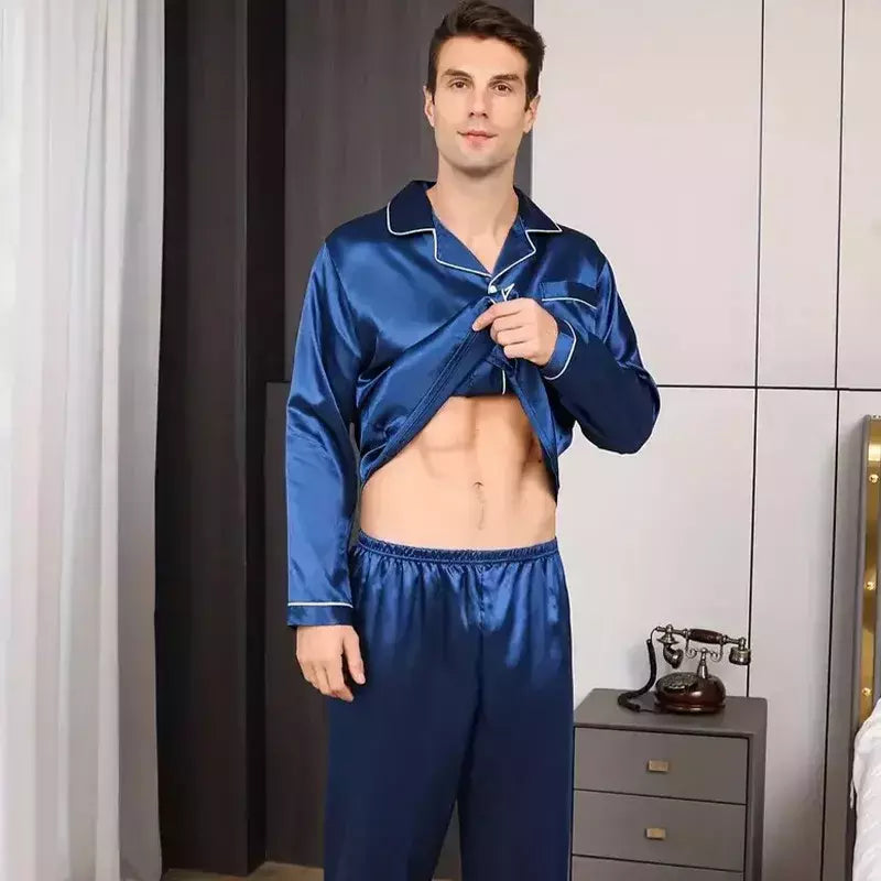 Conjunto de pijama com cardigã de manga comprida masculino, monocromático, lapela, casual, roupa de casa simples, pijamas, plus size, juventude, outono, inverno, 2 peças, conjunto
