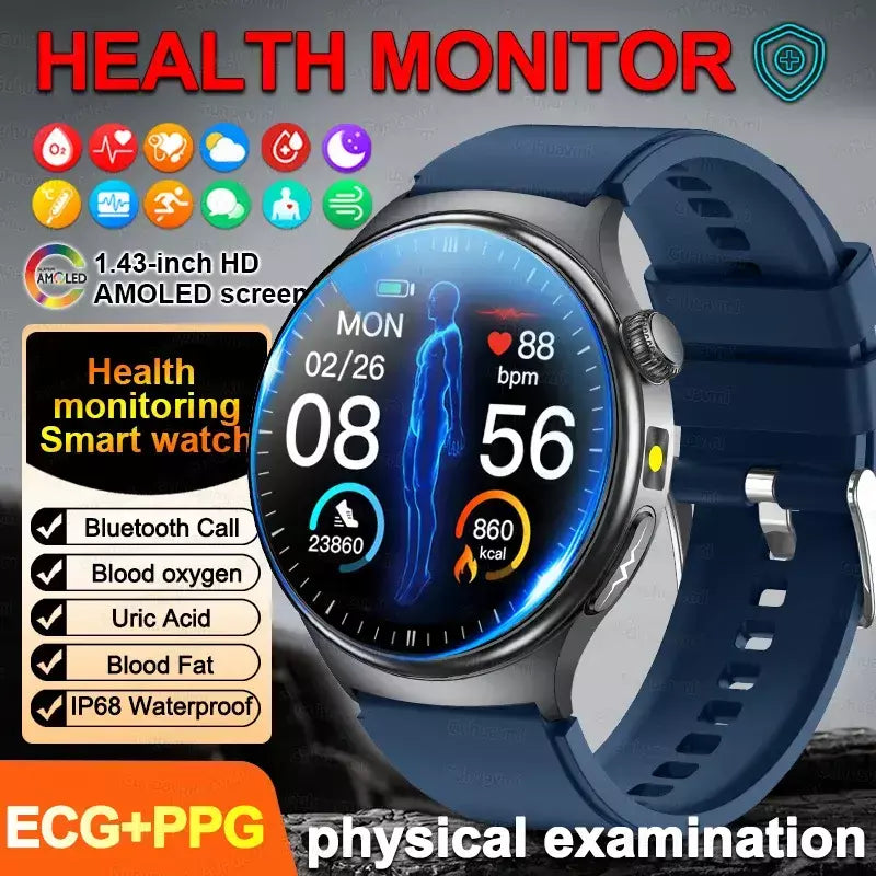2026 novo relógio inteligente masculino feminino exame micro-físico ecg + ppg oxigênio no sangue ácido úrico pressão arterial safira smartwatch masculino