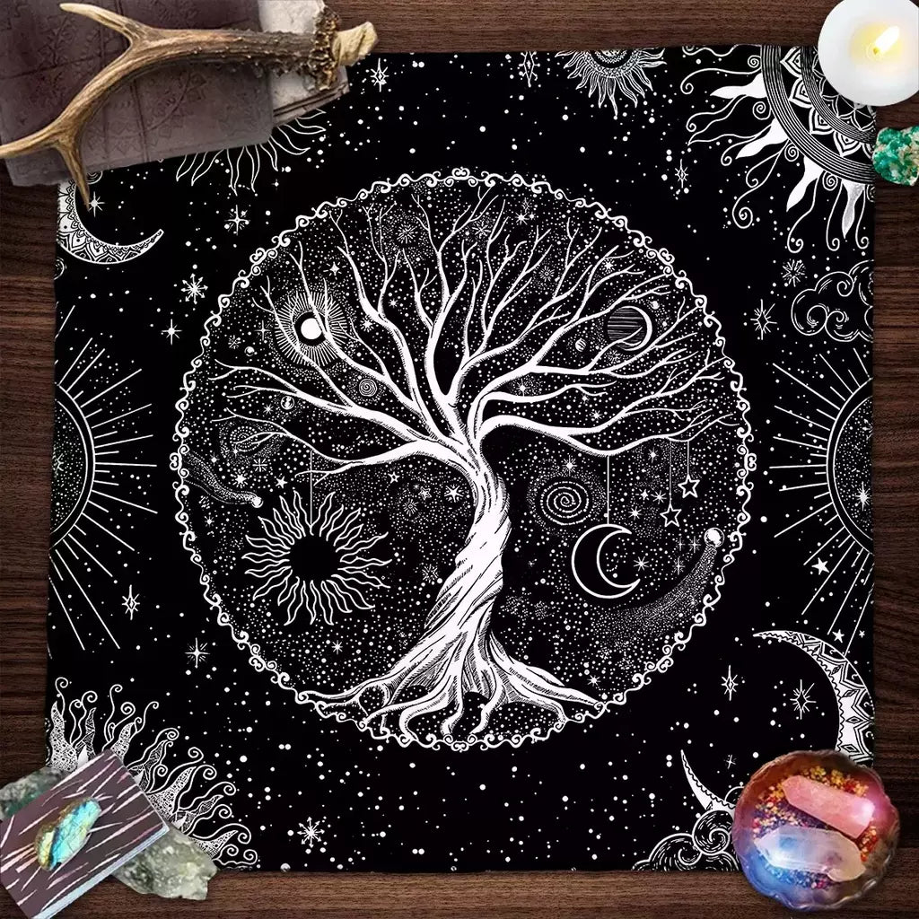 Blue Life Tree Tarot Toalha De Mesa, Tarot Cloth, Capa De Leitura, Feitiçaria, Astrologia, Sol, Lua, Céu Estrelado, Altar