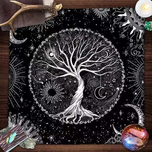 Blue Life Tree Tarot Toalha De Mesa, Tarot Cloth, Capa De Leitura, Feitiçaria, Astrologia, Sol, Lua, Céu Estrelado, Altar