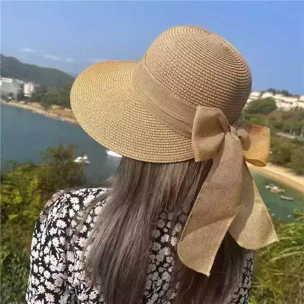 Chapéu de palha bowknot aba larga para mulheres, boné de praia, proteção UV, boné panamá respirável, chapéu balde casual, moda verão