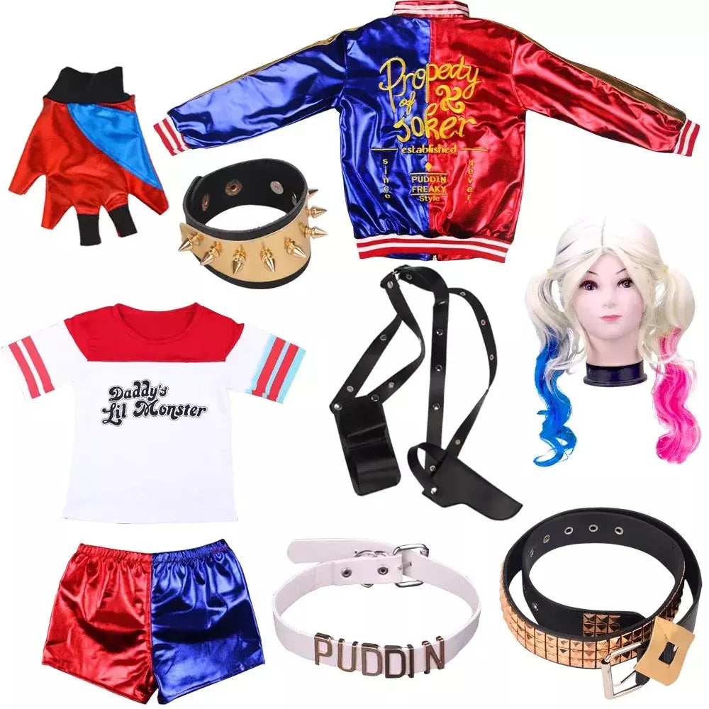 Robe Anime pour adultes, Traje pour femmes, perruque Quinn pour filles, camiseta, veste Joker, Fantasia de Halloween,
