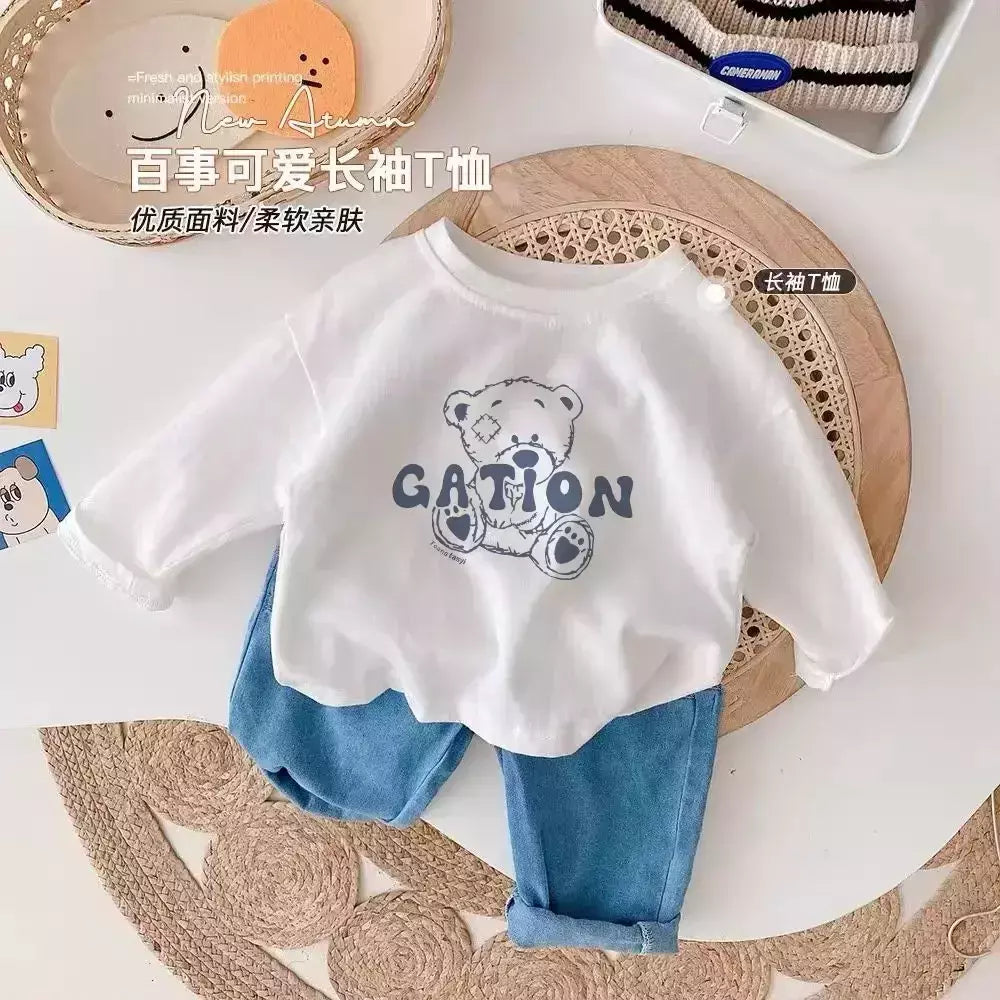 Camiseta infantil de manga comprida, algodão puro, camisa base, desenho animado estampado, primavera e outono, bebê, meninos e meninas