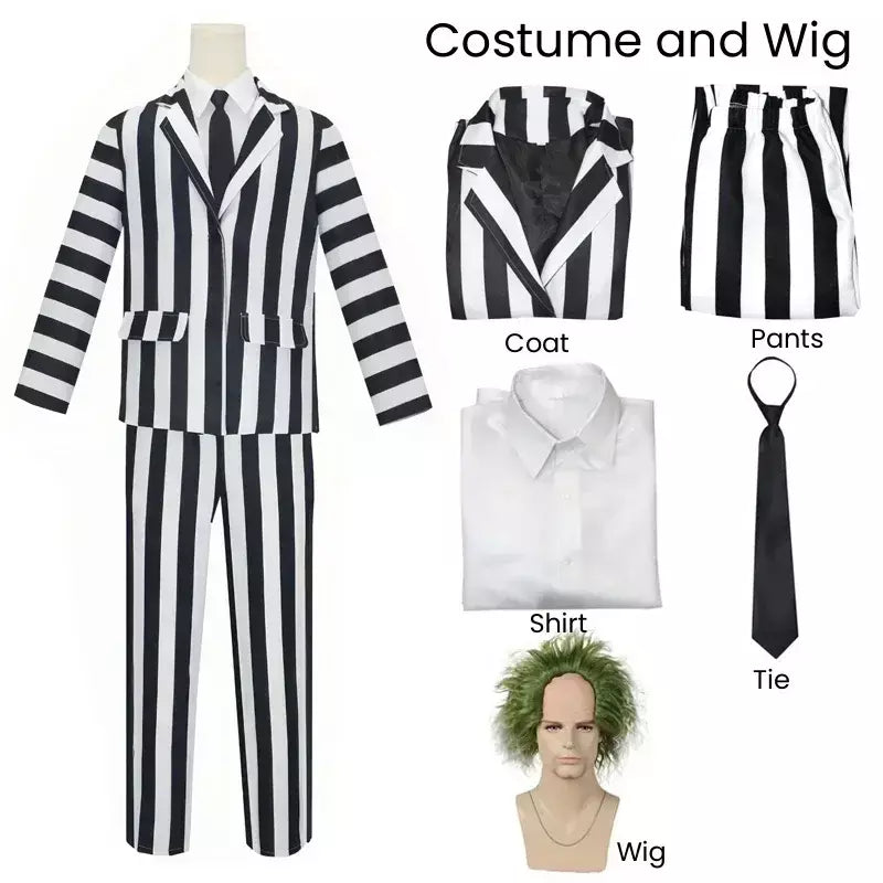 Filme suco cosplay traje preto e branco listra jaqueta camisa calça conjunto masculino adulto roupa de halloween