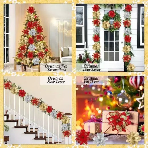 Flores artificiais de glitter para árvore de natal, ornamentos pendurados, flor falsa, lar, Natal, ano novo, presente, 2022, 2024