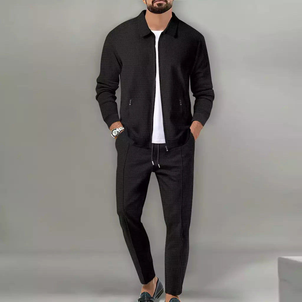 Conjunto de duas peças de waffle masculino, zíper de lapela, casaco monocromático, confortável casual, primavera e verão, best-seller