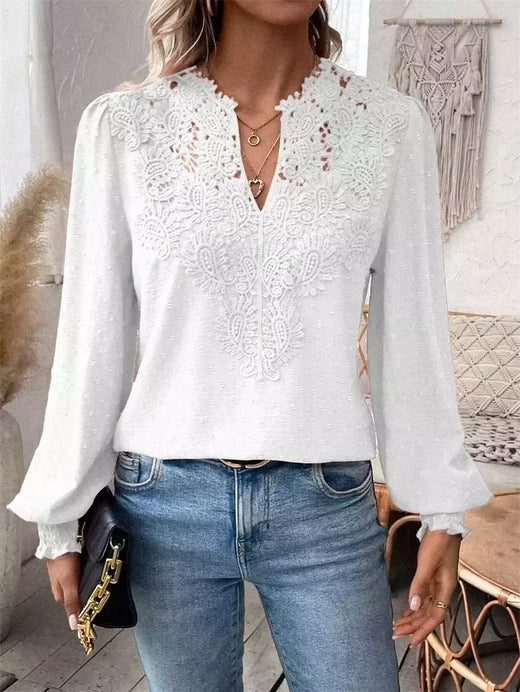 Elegante oco out camisa de renda feminina, pulôver profundo com decote V, blusa monocromática, jacquard lanterna manga longa tops, feminino