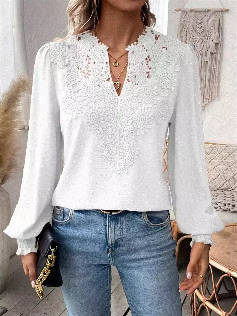 Elegante oco out camisa de renda feminina, pulôver profundo com decote V, blusa monocromática, jacquard lanterna manga longa tops, feminino