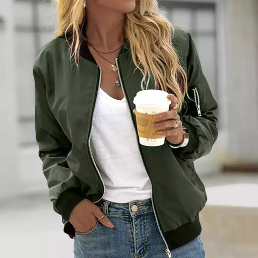Jaqueta bomber fina feminina, manga comprida, casaco fino, corta-vento casual, gola alta, jaqueta com zíper, monocromática, moda outono