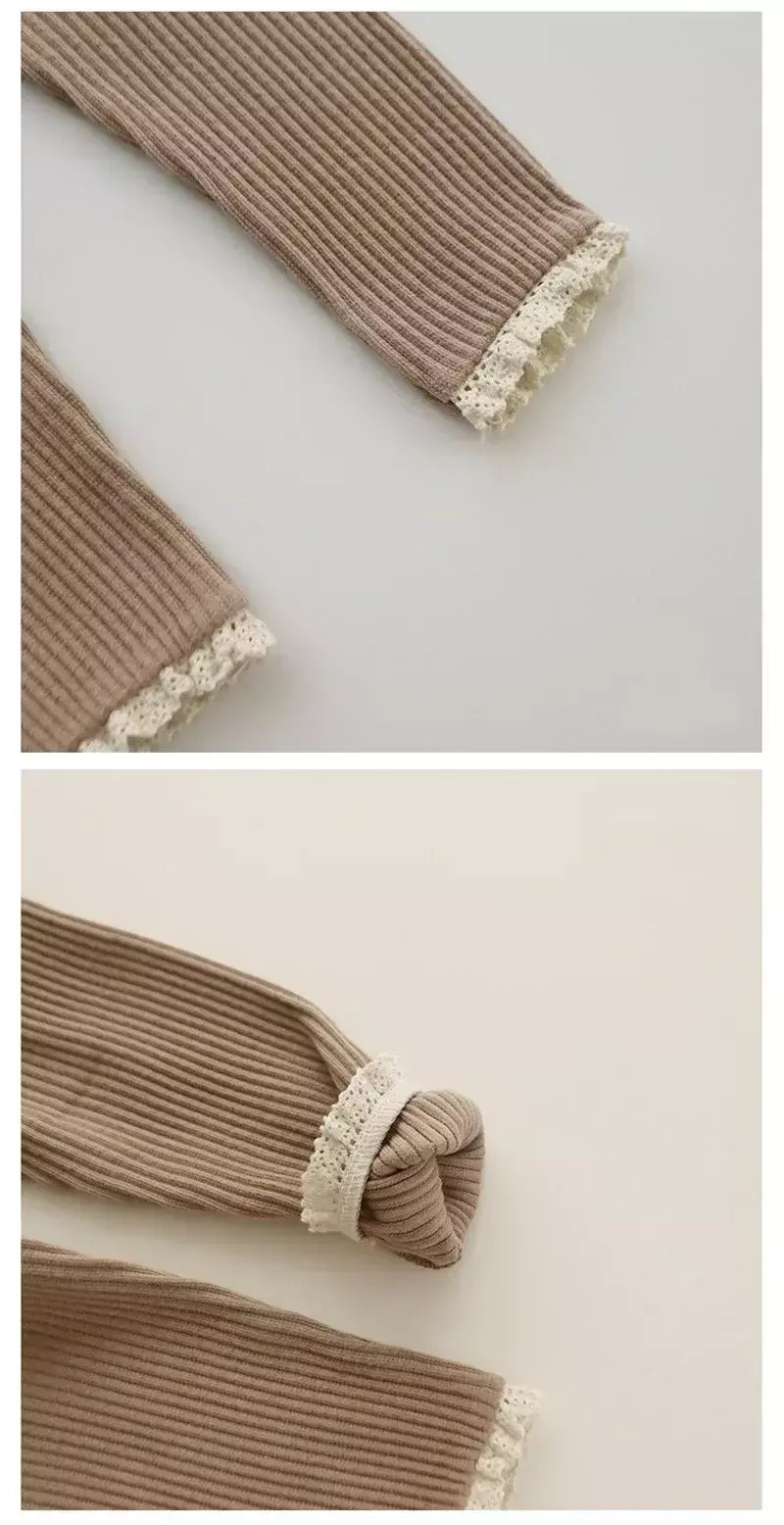 Outono novo bebê com nervuras rendas leggings menina da criança casual calças de algodão menino infantil sólido kintted calças criança calças de fundo
