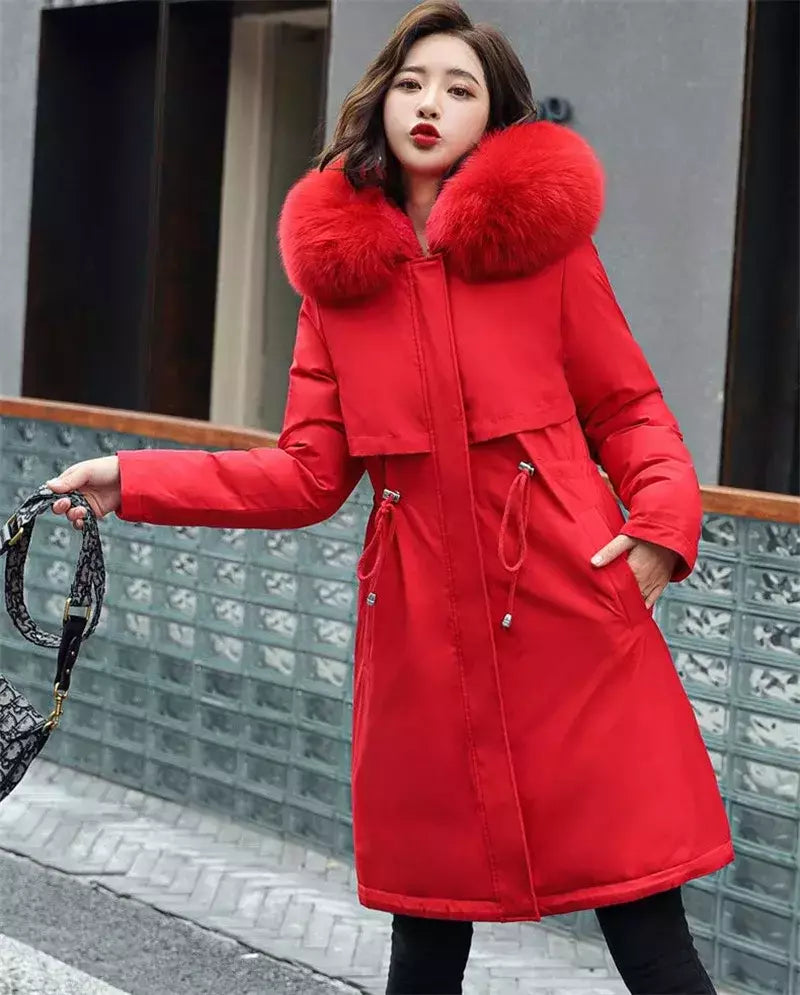 Parka longa e acolchoada feminina com forro de lã, jaqueta com capuz, gola de pele, quente, grossa, neve, roupas grandes, inverno