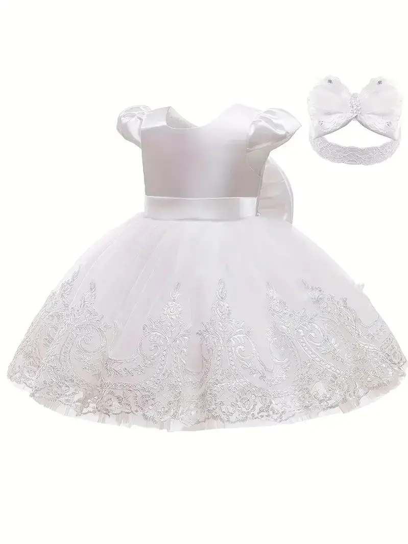 Vestido floral de tule para meninas de 0.2 anos, festa de primeiro aniversário, batismo, vestidos brancos, princesa, casamento, dama de honra, baile