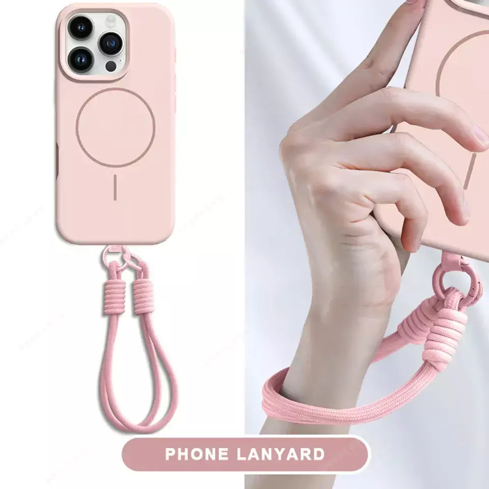 Nova capa de telefone com cordão magnético para iphone 15 14 16 plus 11 12 13 16 pro max magsafe protetor de pulseira de silicone líquido capa macia