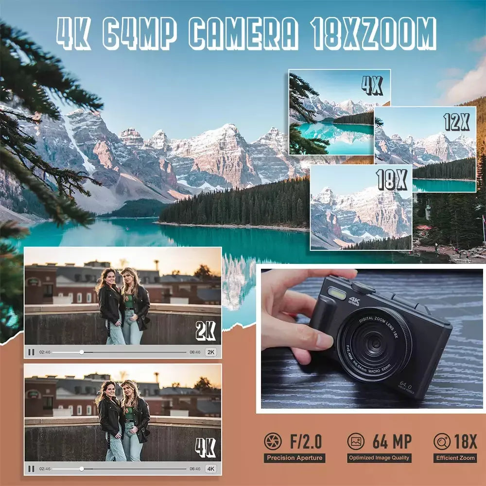 Câmera digital 4K para fotografia e câmera com zoom digital 18X Câmera compacta de vlogging de 64 MP 3 '' 180 ° Tela dobrável com flash