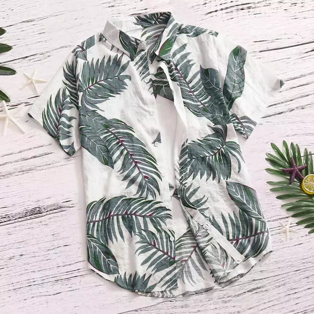 Camisa estampada de folhas havaianas masculina, feriado, manga curta, vermelho, gola virada para baixo, férias, tops de praia, roupa