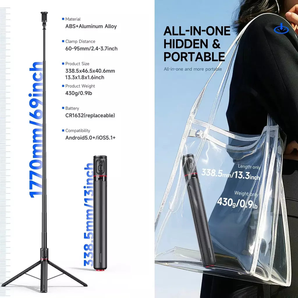 Tripé automático para iphone android, 70 "auto open selfie stick telefone tripé com controle remoto magnético para gravação de vídeo vlog