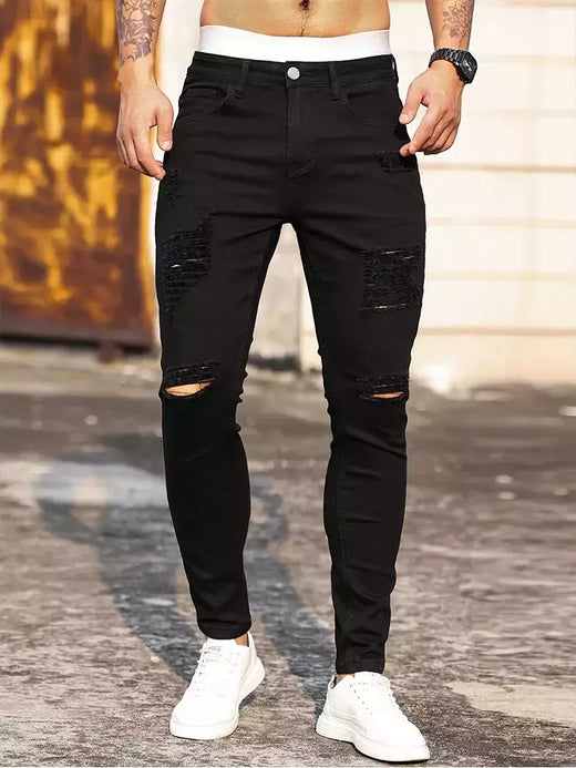 Moda masculina rua rasgado jeans preto puro estiramento apertado pequeno pé lápis calças namorado clube roupas denim ropa hombre