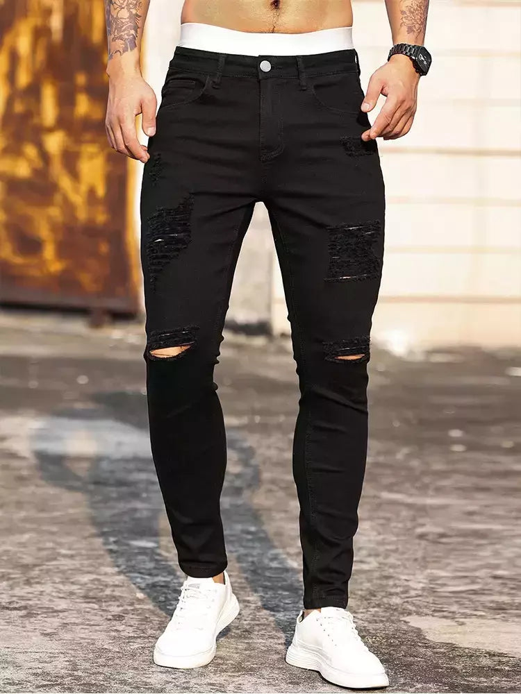 Moda masculina rua rasgado jeans preto puro estiramento apertado pequeno pé lápis calças namorado clube roupas denim ropa hombre