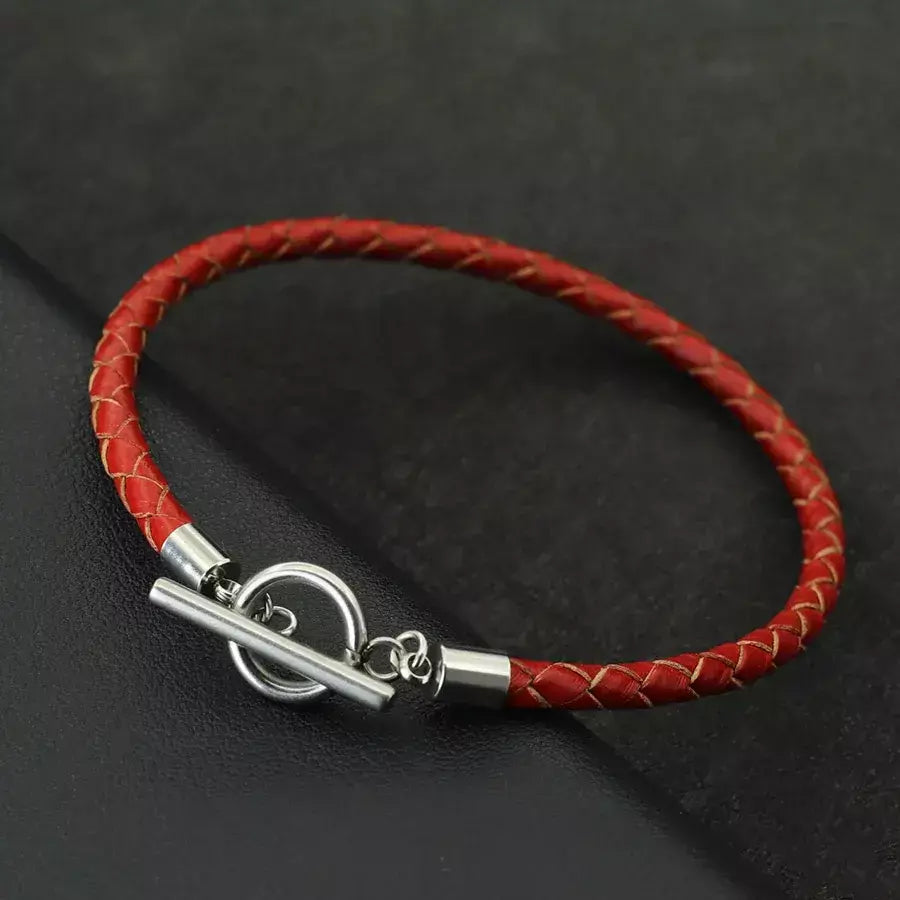 Estilo simples artesanal pulseira de couro genuíno masculino aço inoxidável ot fivela 4mm fino pulseira pulsera de cuero pulseria hombre