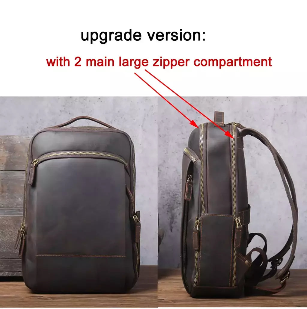 Mochila de couro genuíno para homens, cavalo louco vintage mochila para laptop grande mochila diária mochila de viagem mochila para caminhadas