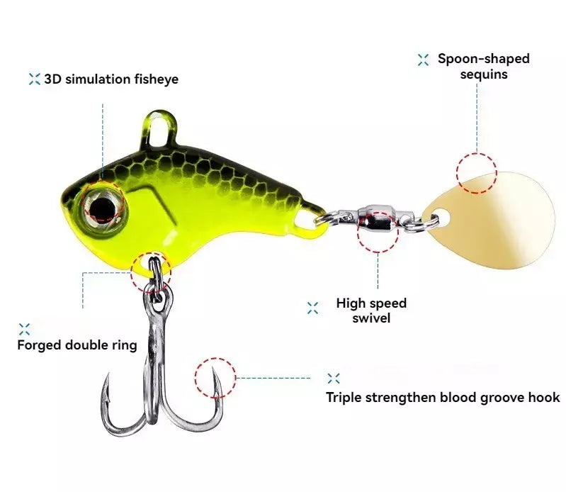 Isca de pesca 5g-20g oscilação rotativa metal vib vibração isca girador colher gabarito mar iscas artificiais duras lantejoulas enfrentar