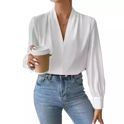 Pulôver de manga comprida com decote V feminino, camisa elegante, estilo britânico, tops urbanos, monocromático, confortável, blusa casual feminina, outono