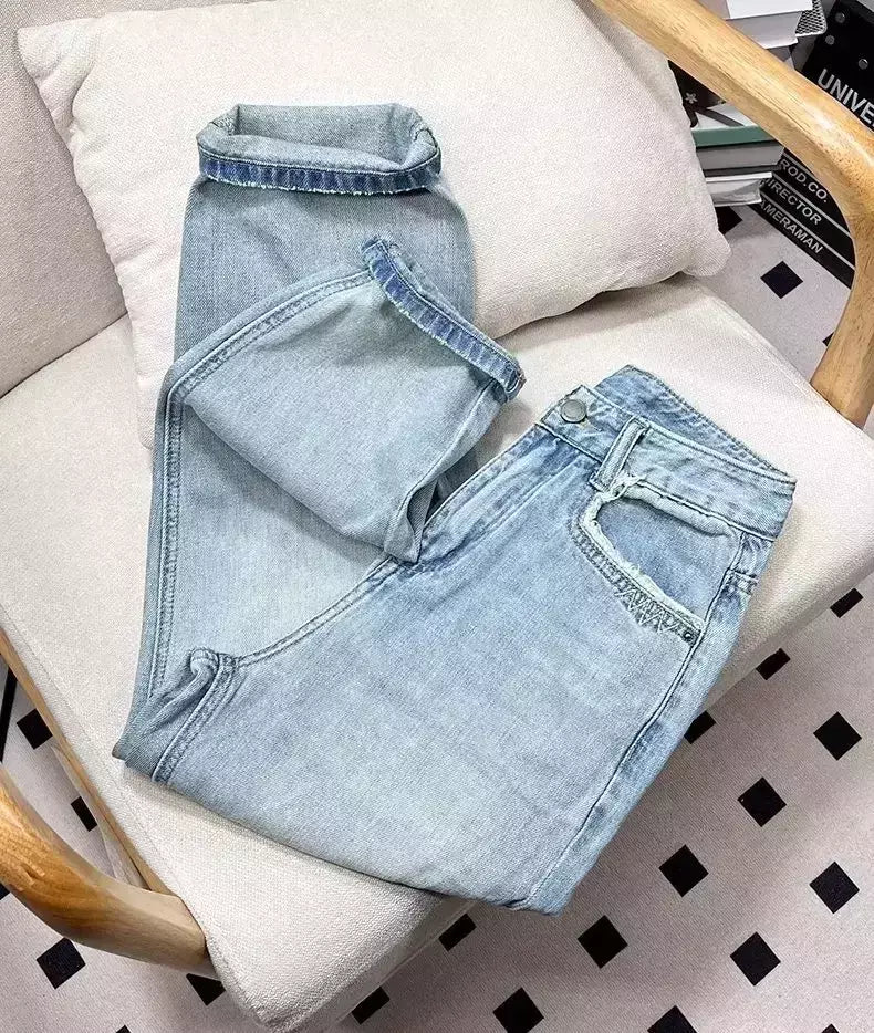 Calça harém feminina de cintura alta na moda, jeans estilo coreano, emagrecedora, solta, rasgada, 9 pontos, nova chegada, outono