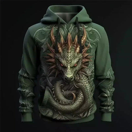 Moletom com capuz dragão estampado em 3D, pulôver casual, moletom de rua, roupas masculinas grandes, nova moda, outono e inverno