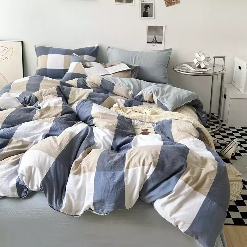Conjunto de roupa de cama de algodão lavado, listrado, grade, lençol minimalista, consolador, capa de edredão rainha, duplo para meninos e meninas