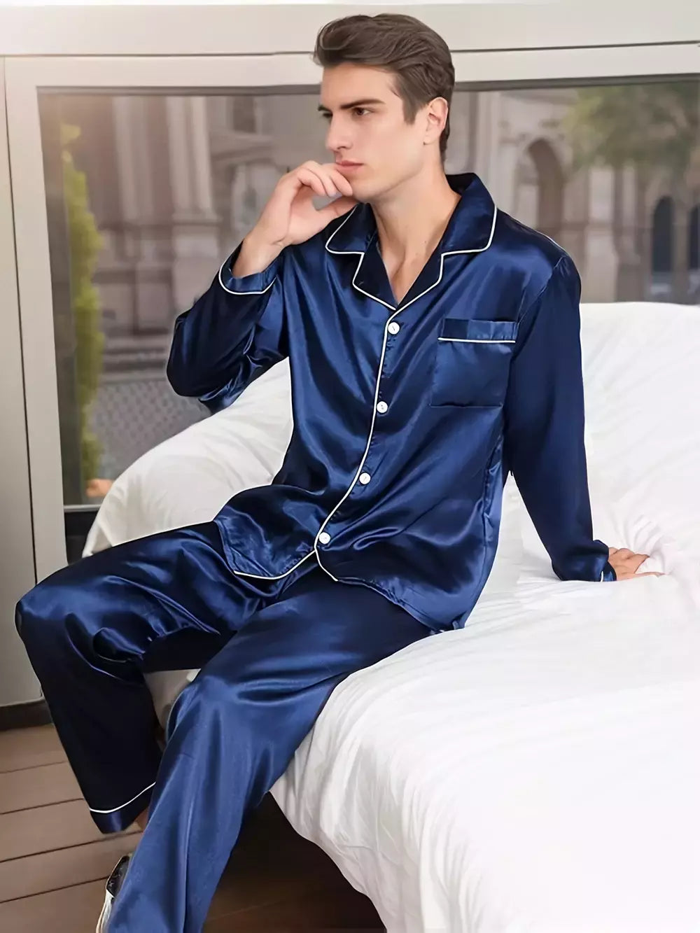 Conjuntos de pijama de seda manga comprida masculino, pijama de seda masculino, pijama de seda para casa, loungewear plus size, roupa de dormir, novo