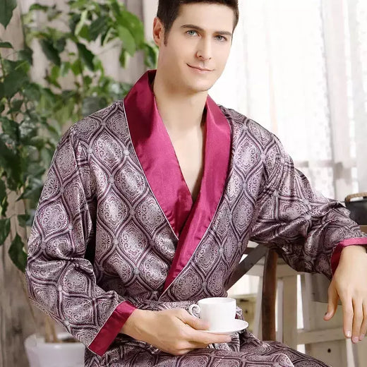 Kimono de cetim dourado roupão de banho masculino, roupão de seda, vestido longo, camisola geométrica do lounge, roupa de dormir plus size XL, 4XL, 5XL