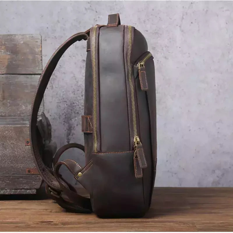 Mochila de couro genuíno para homens, cavalo louco vintage mochila para laptop grande mochila diária mochila de viagem mochila para caminhadas