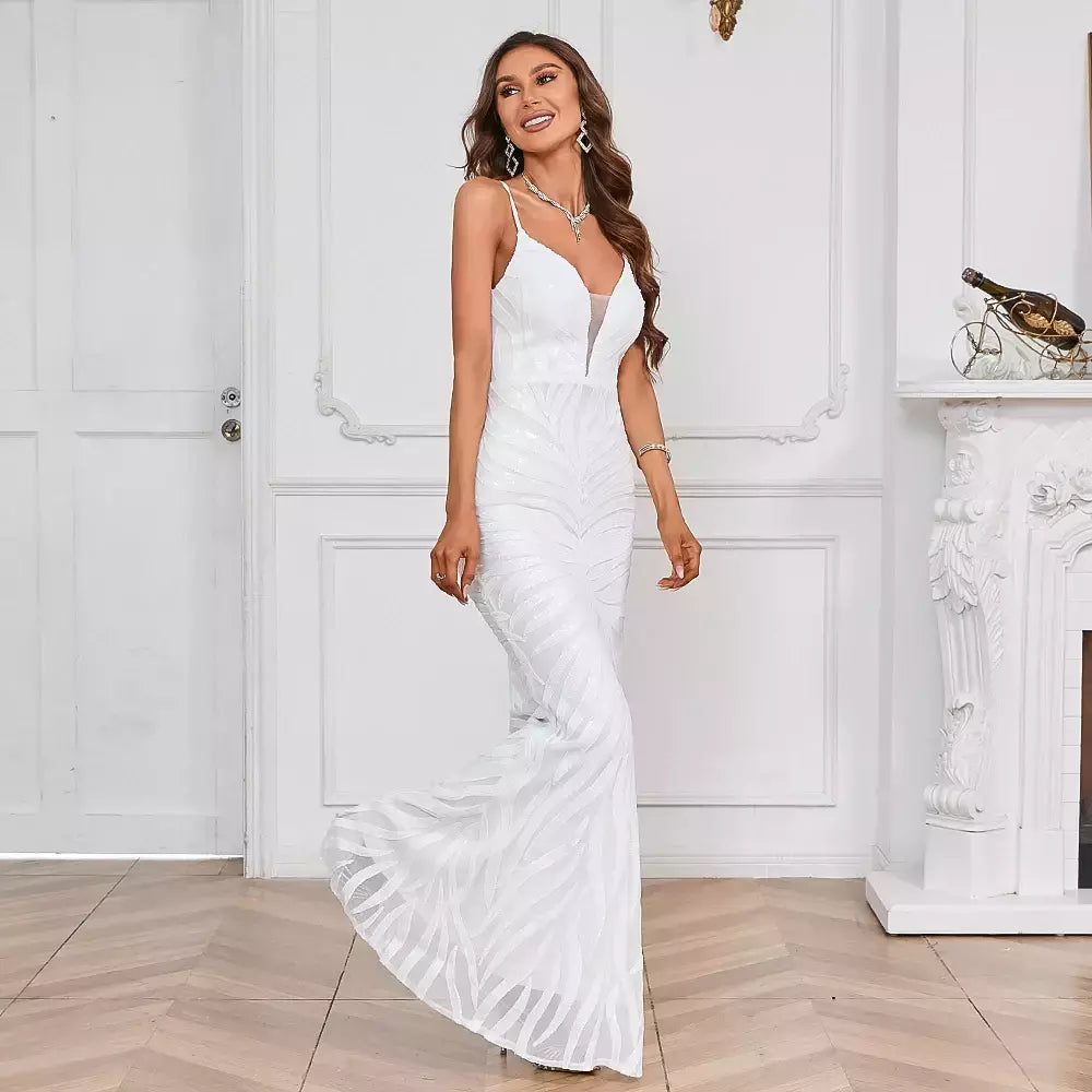 Vestido Maxi Lantejoula Branco Feminino, Vestido Sexy Strap, Vestido de festa longo