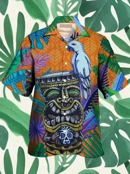 Camisas Tiki de mangas curtas masculinas, estampa 3D, tendência legal da moda, tops havaianos para festas na praia, tops soltos e respiráveis, 2024