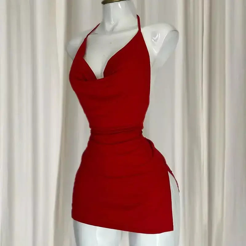 Vermelho decote em v sem costas vestido bandagem elegante irregular magro doce coreano feminino mini vestidos 2025 nova moda boate sexy menina