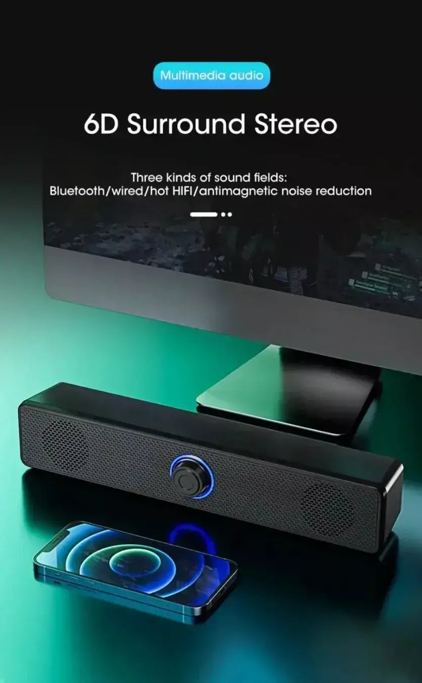 Xikcu sem fio bluetooth e pc soundbar com fio alto-falante alimentado por usb soundbar para tv pc portátil sistema de áudio surround de cinema em casa