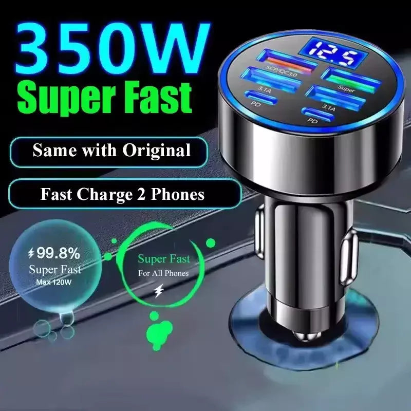 Carregador de carro USB 350W PD QC3.0 USB C Carregador de telefone para carro Tipo C Adaptador para iPhone Samsung Huawei Xiaomi Carga rápida ?