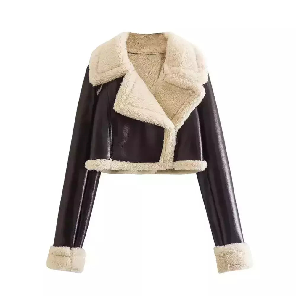 Jaqueta vintage de zíper frontal feminina, gola lapela, mangas compridas, roupas chiques femininas, monocromáticas, moda senhora