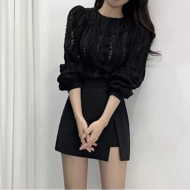 Mini saias pretas femininas, fenda lateral irregular, cintura alta, shorts linha A, saias femininas de verão, envoltório chique do quadril, moda coreana