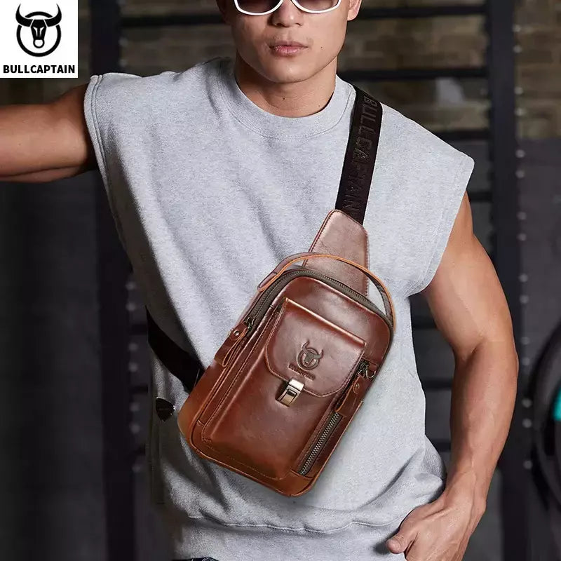 BULLCAPTAIN-Bolsa de Peito de Couro Genuíno Masculina, Bolsa Multifuncional Crossbody, Anti-Roubo, Bolsa Retro para Telefone Móvel, Casual, 7,9";;VERDADEIRO;;"Coffee