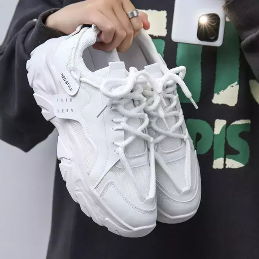 Tênis de malha respirável masculino, tênis da moda, versátil, base grossa, branco, casual, idoso, novo, verão