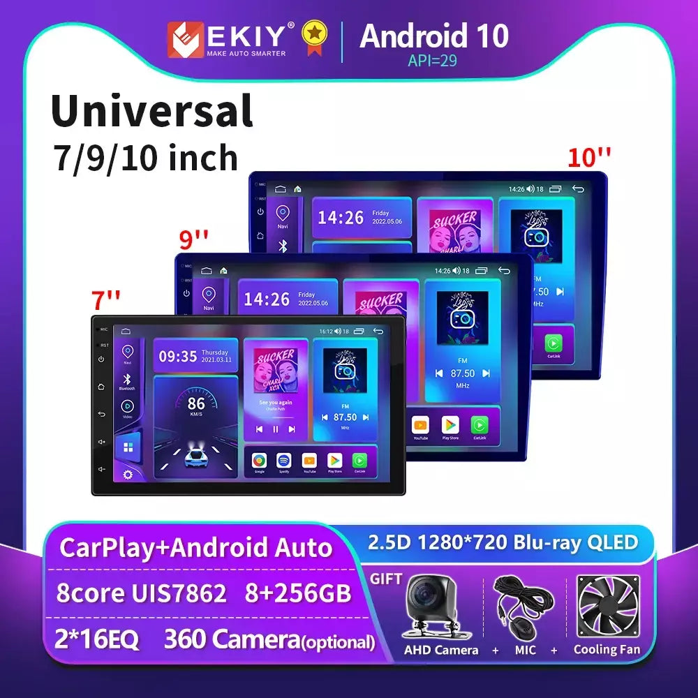 EKIY T900 8G 128G Universal Car Radio Multimídia Bru-ray QLED Navegação GPS Estéreo Android Auto Carplay BT 2 din DVD Unidade Principal