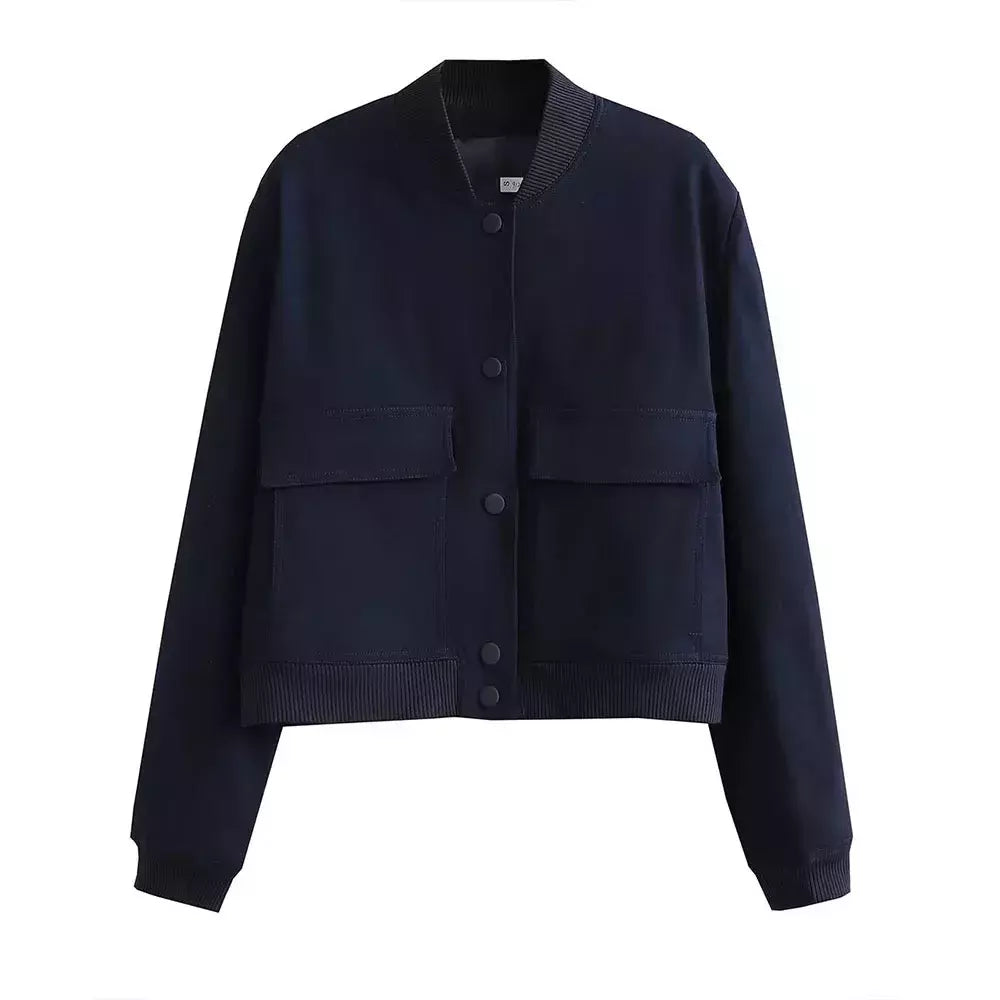 Jaqueta Bomber Cropped feminina, Casaco de manga comprida, Beisebol de botões, Casaco Aviador, Preto, Branco, Outono, Inverno