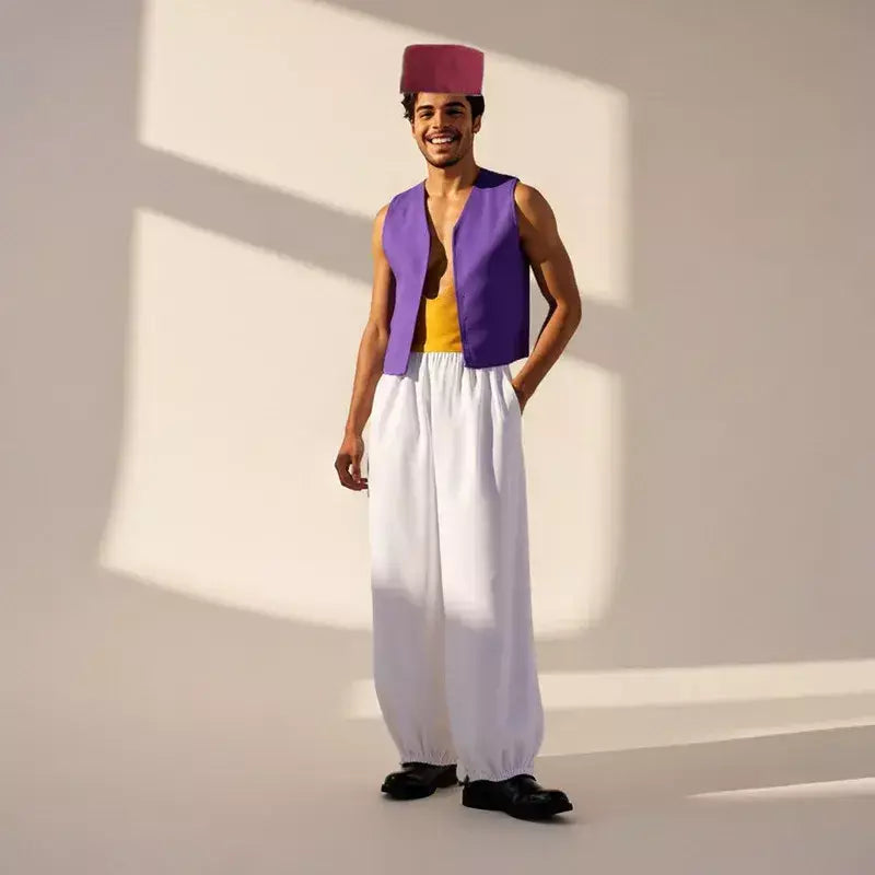 Adulto aladdin príncipe traje nuvens árabes cosplay com cinto e chapéu para festa de halloween desempenho lâmpada de deus vestido de festa