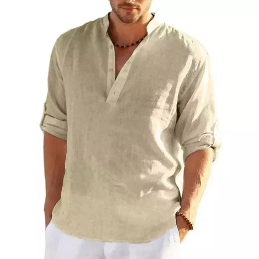 Camiseta de linho manga comprida masculina, monocromática, solta, casual, respirável, camisas de algodão, streetwear leve, designer, nova