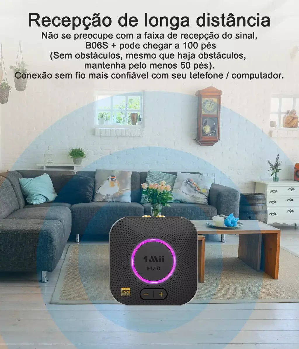 1Mii B06S+ Receptor Bluetooth 5.2, adaptador de áudio HiFi com LDAC Aptx HD&LL, áudio de alta resolução de longo alcance com controle de volume