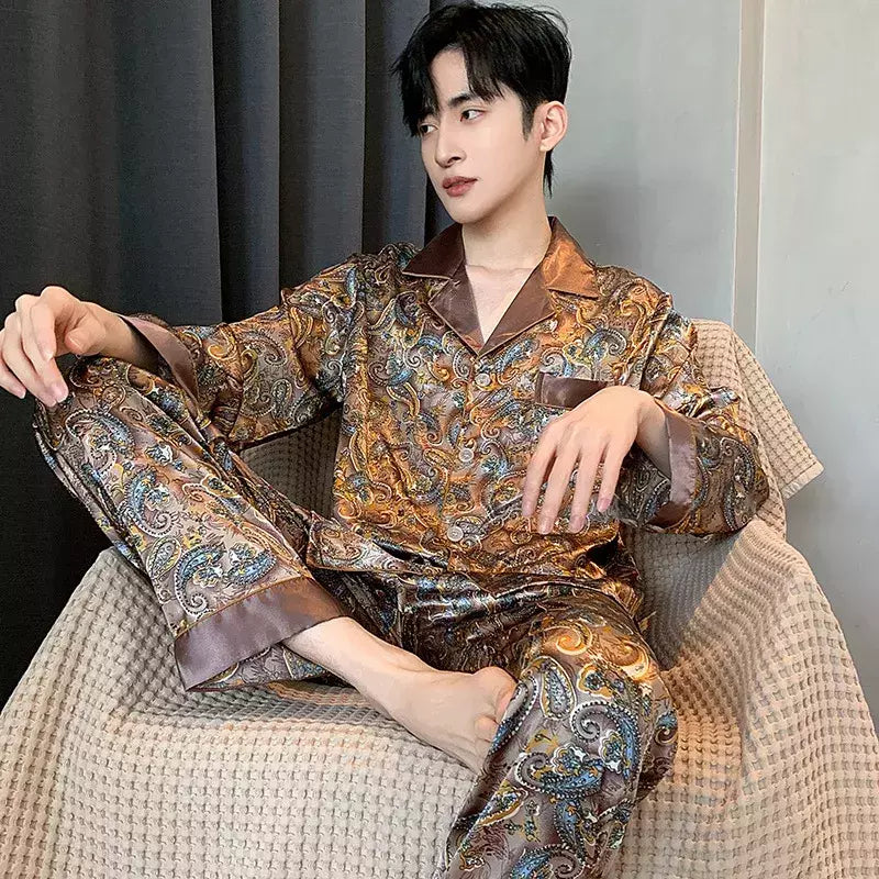 Conjuntos de pijama masculino de cetim de seda manga comprida, pijamas masculinos, camisola estampada, Casa, Soft Cozy Sleepwear Calças, Novo