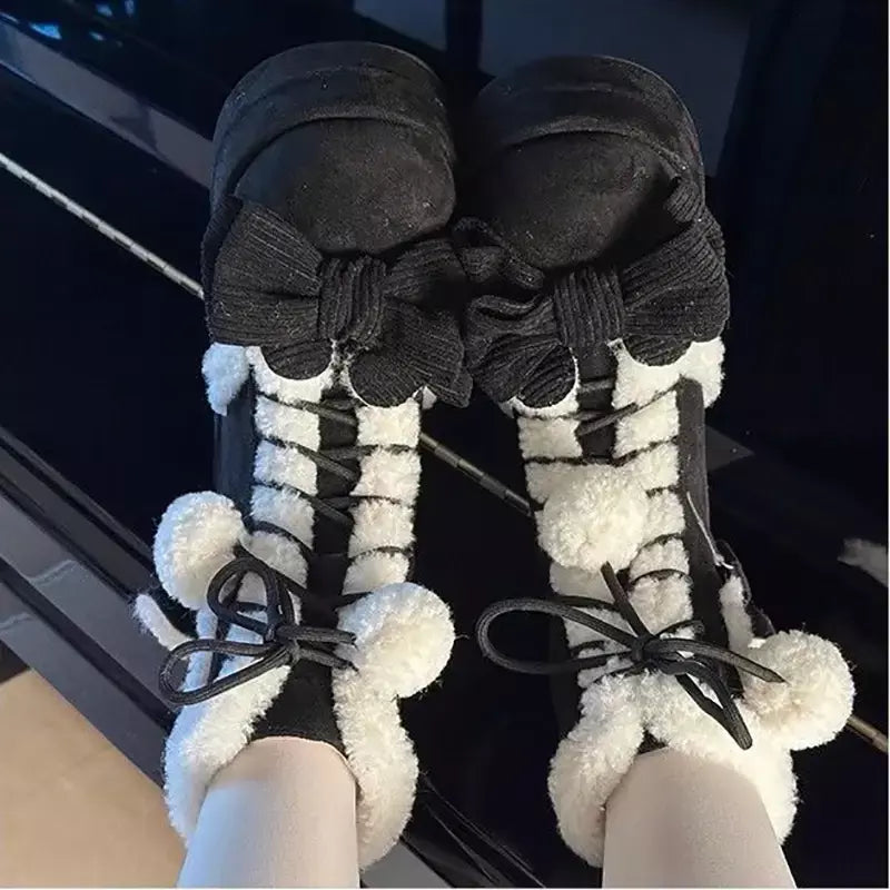 Doce inverno meninas lolita meados de bezerro botas de neve, bonito estudantes do sexo feminino pelúcia quente bowknots rendas até sapatos de salto cunha aumentando